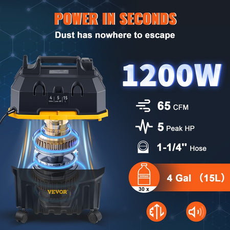 SucceBuy Portable Wet and Dry Vacuum Cleaner 15L For Car & Home Appliance 1200W Power Strong Suction Vacuum Cleaner & Air Blower