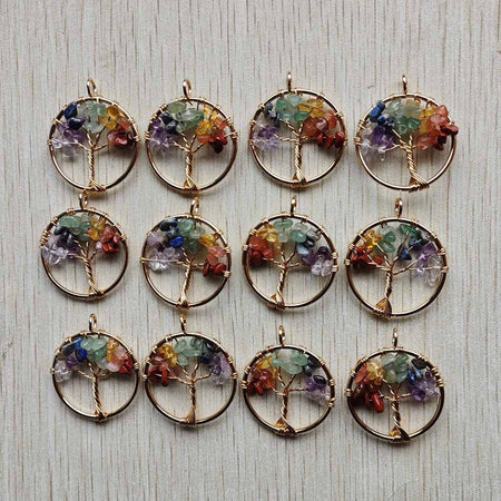 Natural Amethysts Roses Quartz Stone Handmade Wire Wrapped Tree of Life Pendants 30mm for Jewelry Marking Wholesale 12pcs/lot