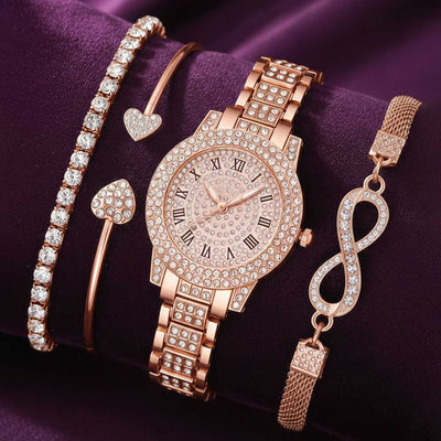 4 Pieces Fashionable Luxury Women's Watch Set with Rhinestone Roman Numbers Round Dial Watch Quartz Bracelet Perfect Gift Set