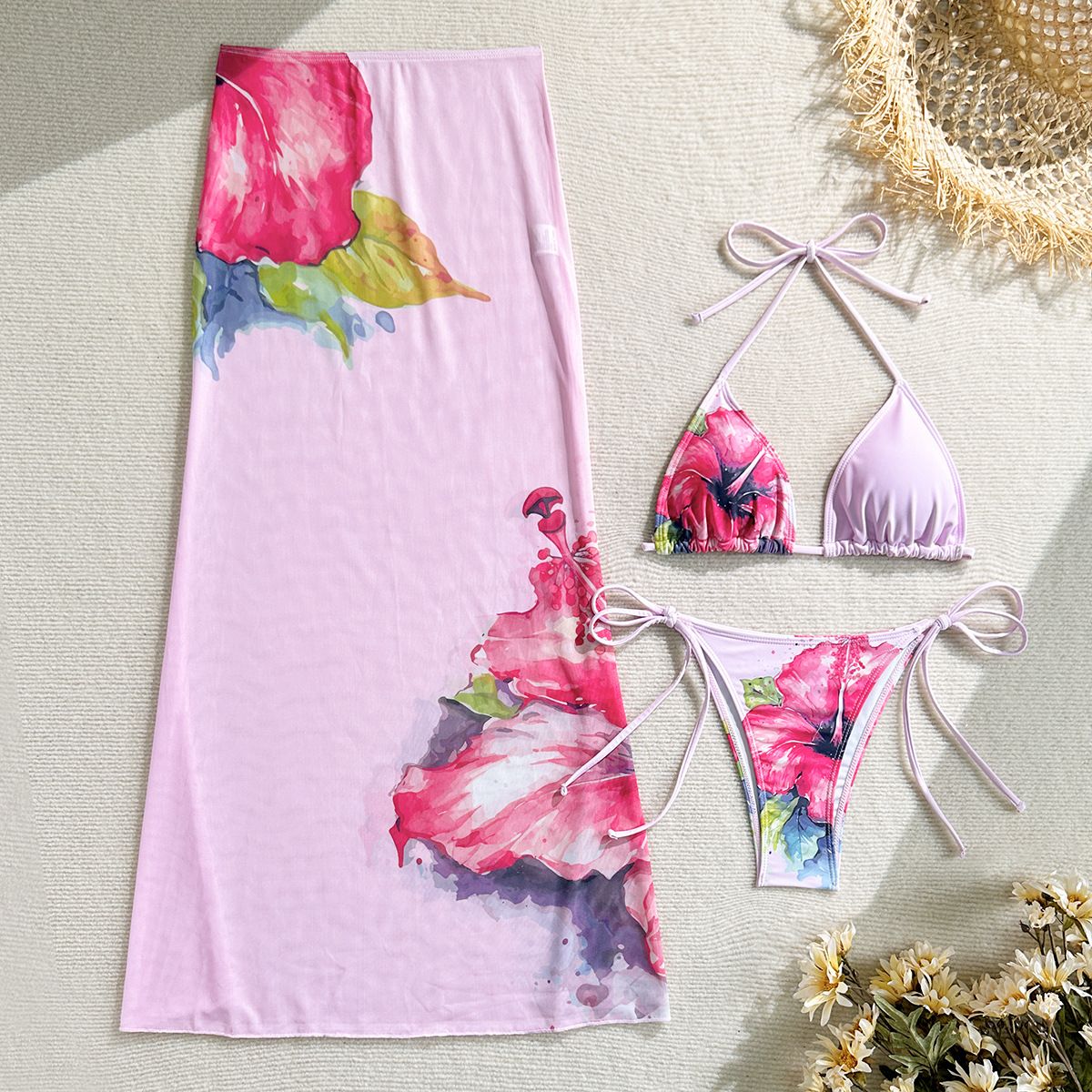 2025 New Flower Print Bikini Set Women's High Waist Long Skirt 3 Piece Swimsuit Sexy Mini Triangle Backless Thong Bathing Suit