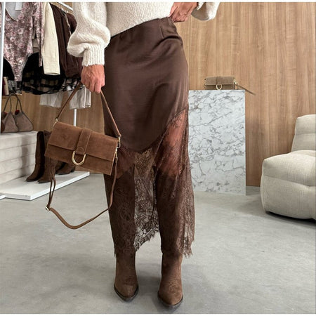 Sexy Lace Patchwork Long Skirt Women Elegant Fashion Solid Waist Cinched Mid-length Bottom Lady 2025 Party Daily Street Skirts