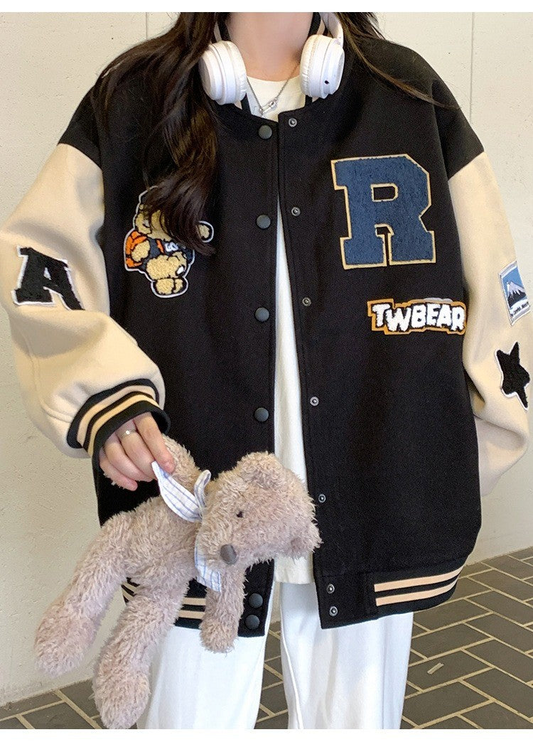 New Autumn and Winter Padded Baseball Jersey Women American Retro Loose Sweater Women Jacket