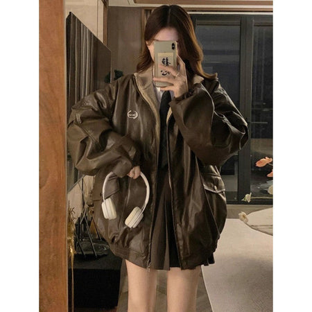Maillard Fashion PU Leather Jacket With Lambswool Coat Both Sides Female Y2K Winter New Velvet Locomotive Cotton-padded Jacket