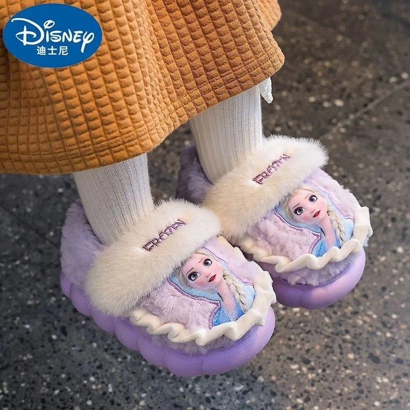 Disney Princess Elsa Winter Children's Cotton Home Slippers Frozen Girl's Snow Non Slip Warm Baby Slippers Pink Blue Size 26-35