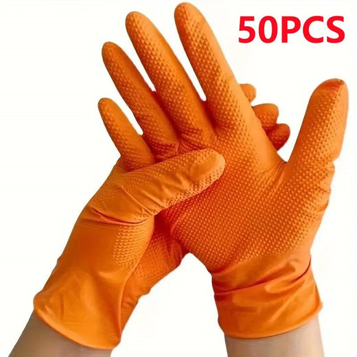 50PCS Heavy Duty 8Mil Orange Nitrile Gloves Disposable Raised Diamond Texture Gloves for Construction Industrial Mechanic Auto