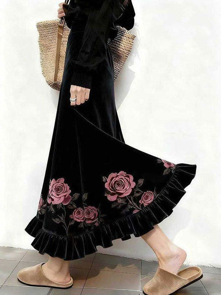 Women Clothes Autumn Winter Fashion Simplicity All-match Printing Solid Color Female Temperament Pleuche High Waist A-line Skirt