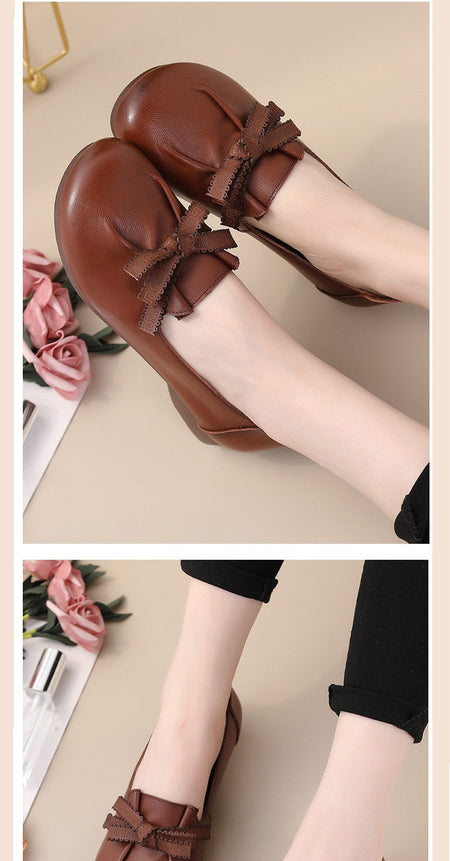 Vintage Plain Oxfords Shoes Women's Genuine Leather Flats Ladies Laced Up Moccasins Elderly Woman Square Toe Driving Loaferss