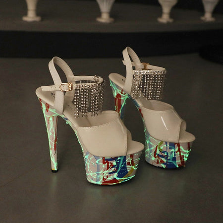 17CM Summer Shoes Women luxury Sandals Platform Ladies Shoes Stripper Womens High Heels Geometric Fluorescent Night light Heels