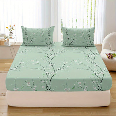 3pcs Printed Pattern Fitted Sheet Set, (1* Fitted Sheet + 2* Pillowcases, Without Core)