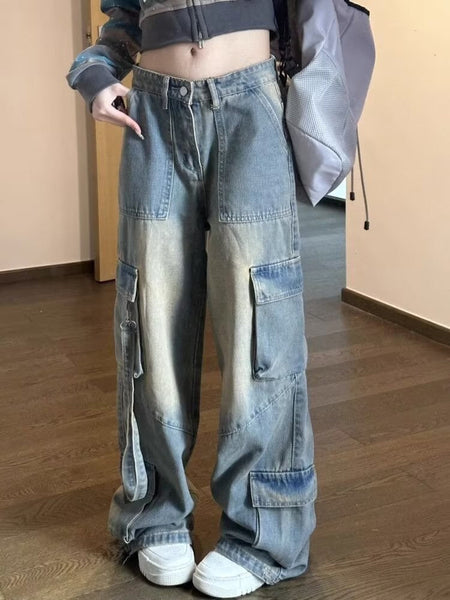 Female Jean Spliced Pockets Cargo Pants Washed Denim High Waist Full Length Jeans Loose Solid Basics Patchwork Distressed