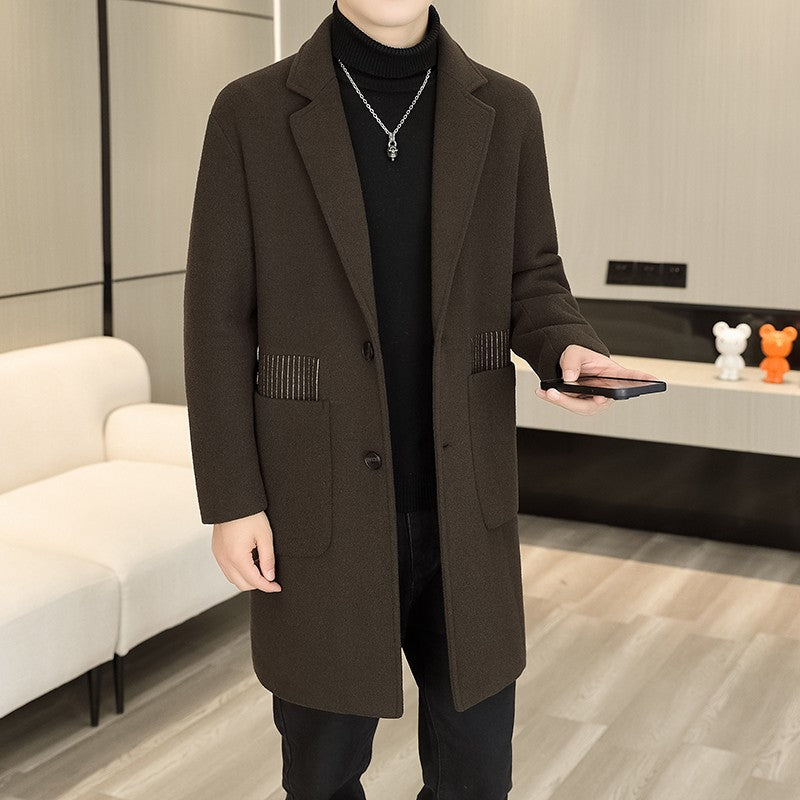 Men's Long Over-the-Knee Trench Coat Youth Black Business Casual Suit Collar Overcoat Mid-Length Trench Coat