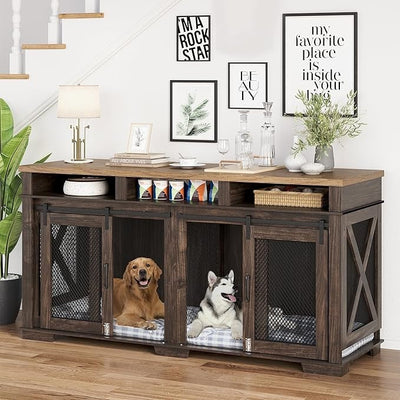 71" Dog Crate Furniture for 2 Dogs, Dog Kennel with 3 Storage Drawers & Removable Divider, Extra Large Double Dog Cage As TV Sta