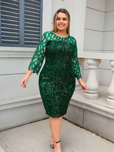 Party Dress Plus Size Ladies Midi Sequin Mesh Long Sleeve Lace Elegant Bodycon L-4XL 5XL Evening Dresses Woman Summer