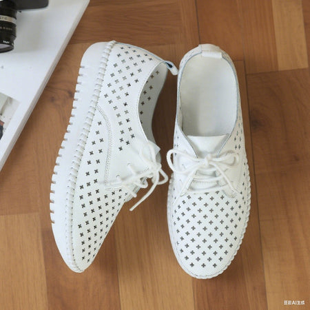 Genuine Leather ladies flats sneakers shoe Women casual loafers shoes female Hollow moccasins White Lace up canvas Boat shoes