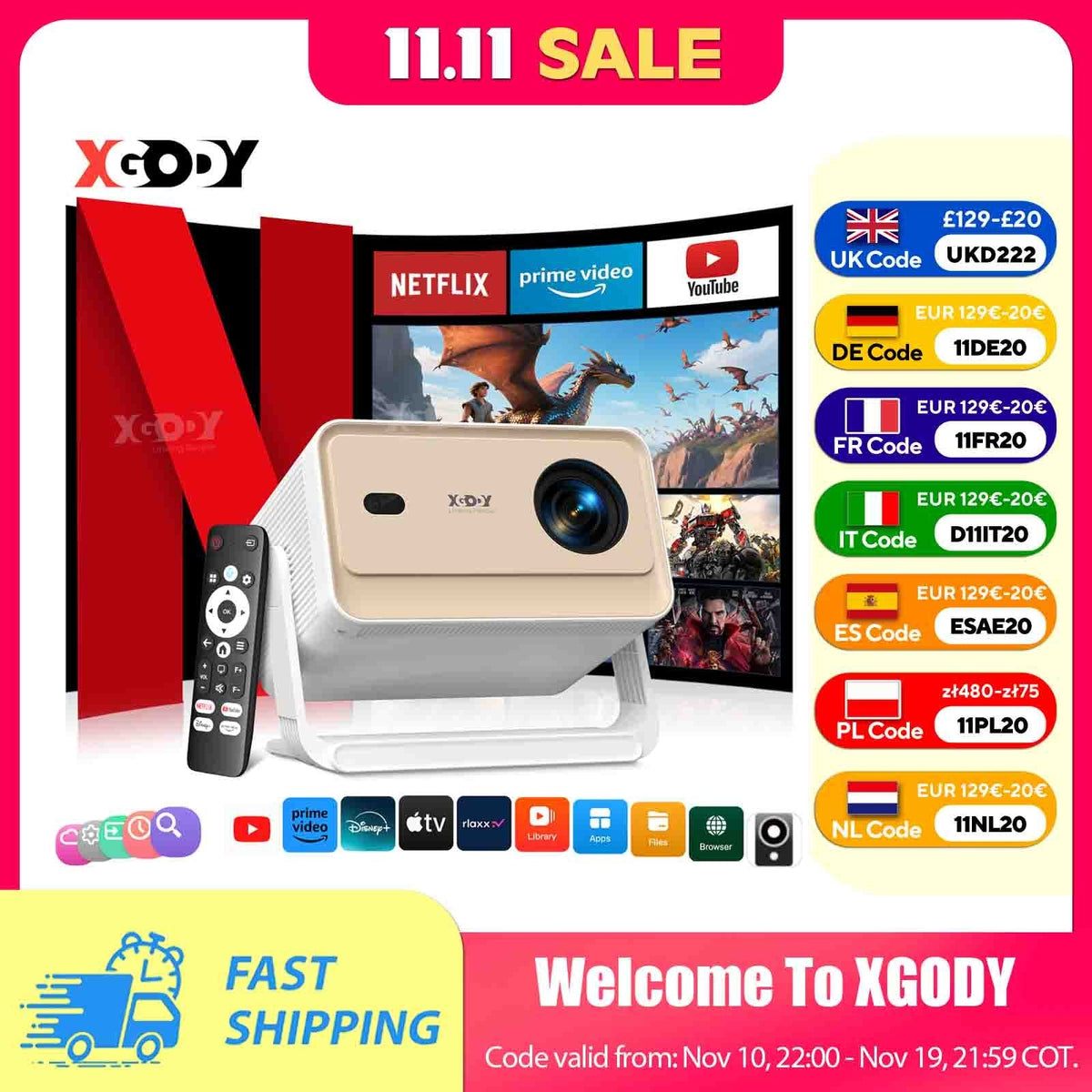 XGODY Projector N6 Pro Netflix Officially 4K Voice Control Smart Android TV Whale OS 32GB ROM for Outdoor Movie Home Theater
