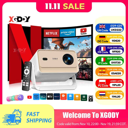 XGODY Projector N6 Pro Netflix Officially 4K Voice Control Smart Android TV Whale OS 32GB ROM for Outdoor Movie Home Theater