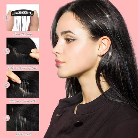 6Pcs 50cm Sparking Shiny Hair Tinsel Hair Extensions Tinsel Synthetic Hair Clip  Extensions Women for Braiding Headdress