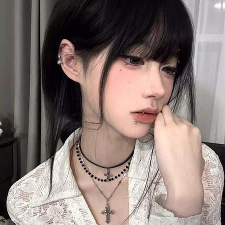 Gothic Punk Y2K Black Cross Pendant Necklace for Women Men 2025 Vintage Multi Layer Bead Necklaces 90s EMO Charm Jewelry Gifts