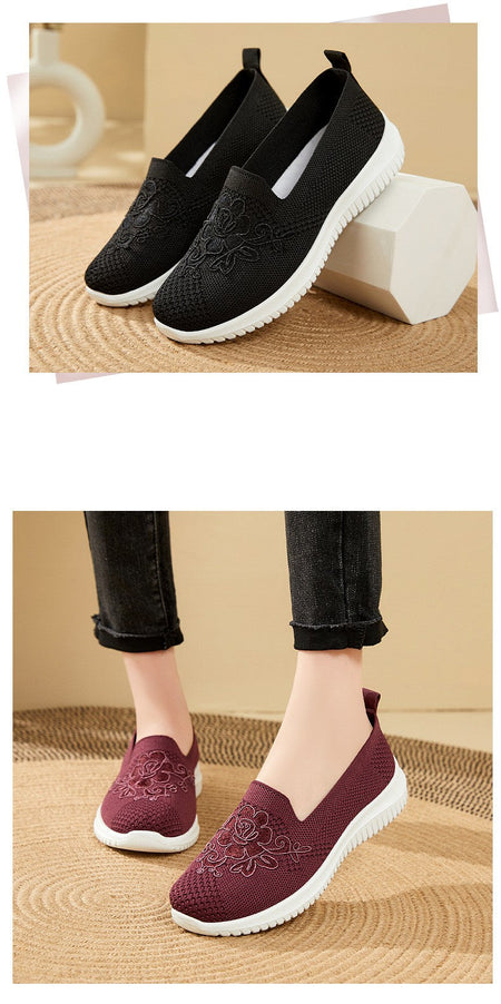 Women's Fashion Vulcanised Trainers 2025 Round Toe Breathable Flower Mesh Casual Flat Slip-On Women's Casual Vulcanised Shoes