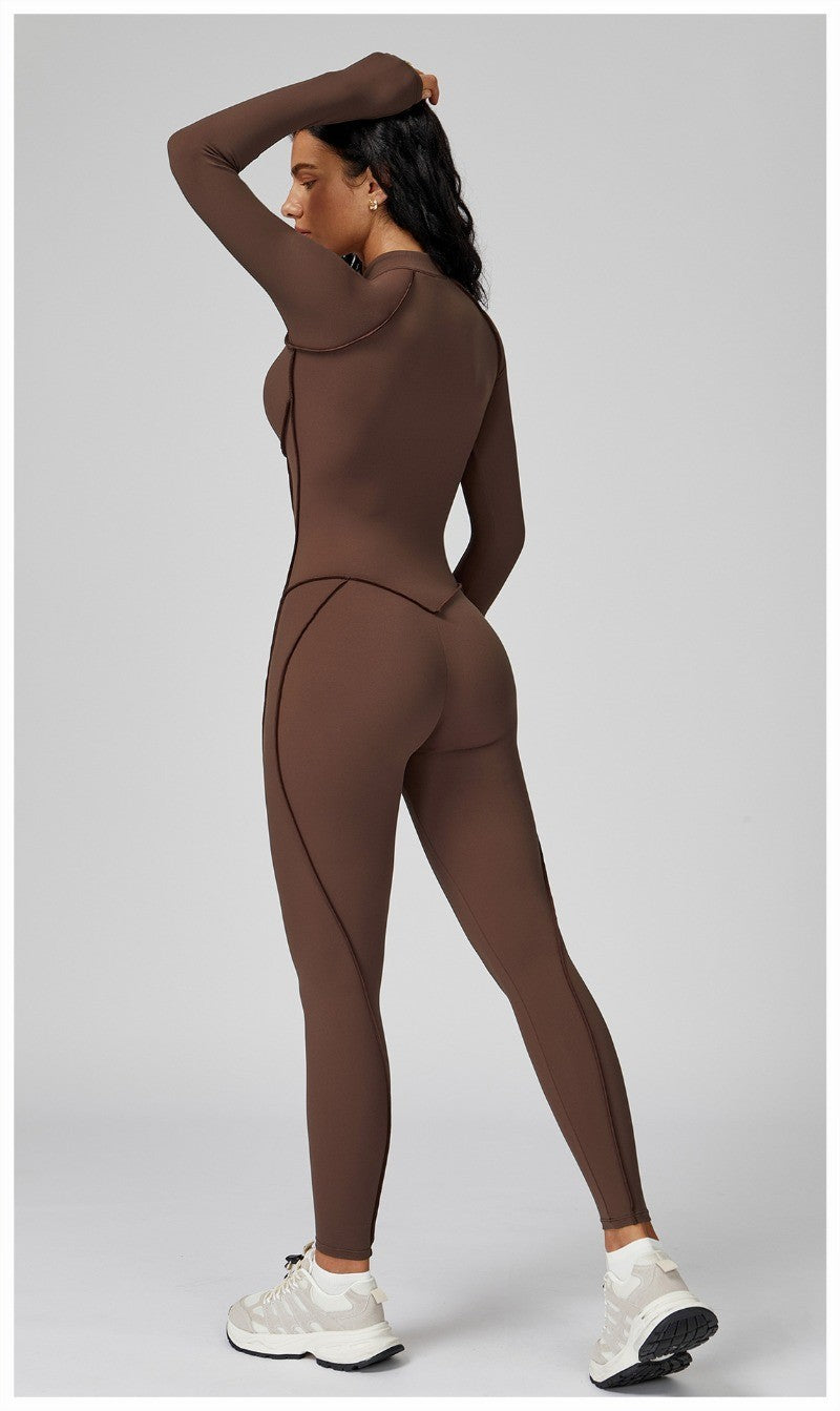 Women's Yoga Jumpsuit Long Sleeved Stand Collar Half Zip High-Intensity Workout One Piece Contrast Color Gym Fitness BodySuit