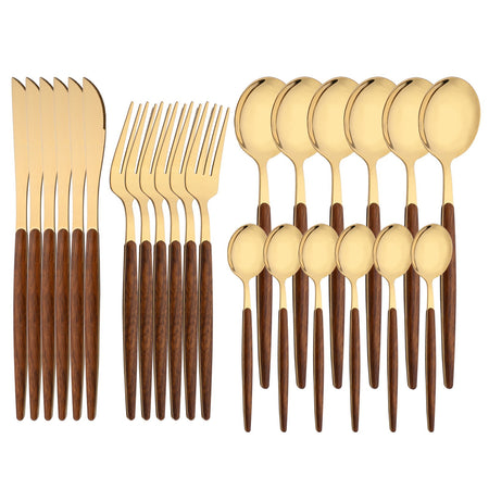 16/24/36Pcs Dinnerware Set Stainless Steel Imitation Wooden Handle Clamp Western Knife Fork Spoon Cutlery Tableware Silverware