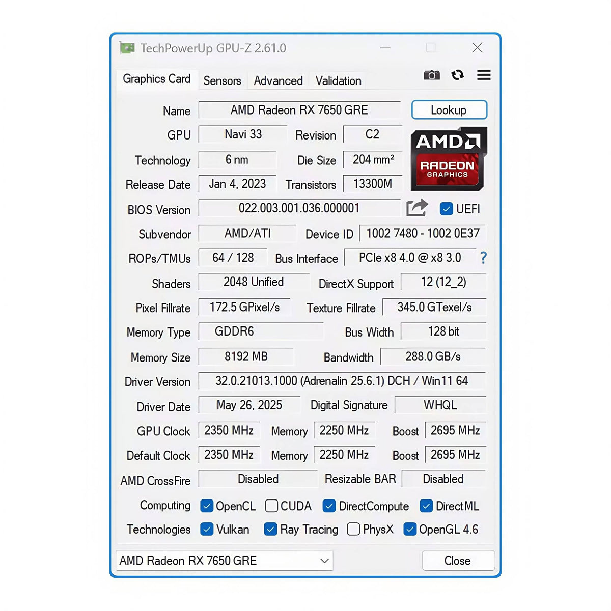 MLLSE AMD Radeon RX 7650 GRE 8GB Graphics Card GDDR6 DP HDMI