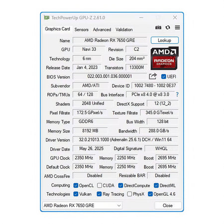 MLLSE AMD Radeon RX 7650 GRE 8GB Graphics Card GDDR6 DP HDMI