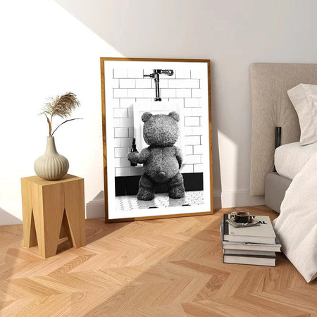 Black White Cute Bear Bathroom Decoration Poster Canvas Print Painting Wall Picture Art Modern Fashion Room Home Toilet Decor
