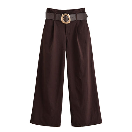 Tidalyf 2025 Women Vintage Brown Wide Leg Pants with Metal Belt High Waist Casual Trousers
