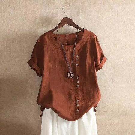 New Summer Women's Plus Size Shirt O-neck Cotton and Linen Loose Casual Ethnic Style Elegant Casual White Pink Top for Women