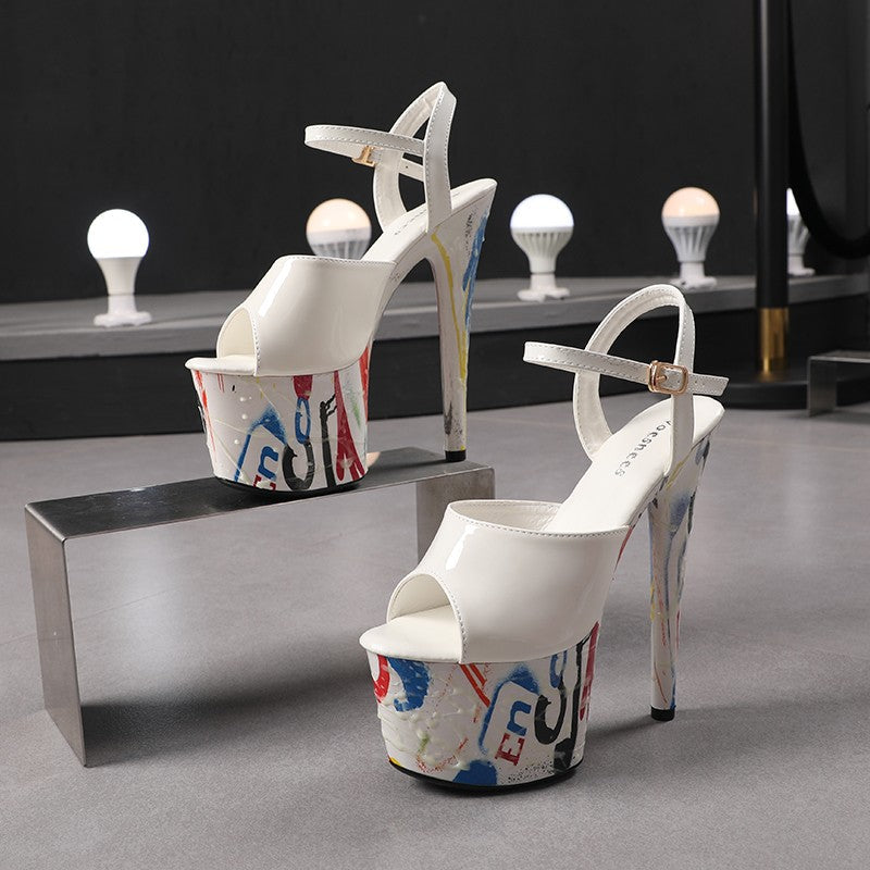 17CM Summer Shoes Women luxury Sandals Platform Ladies Shoes Stripper Womens High Heels Geometric Fluorescent Night light Heels