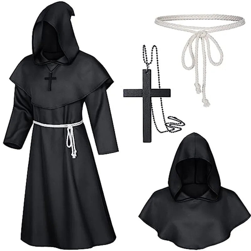 Halloween Wizard Cosplay Medieval Monk Hooded Robe Costume Mask Hat For Men Steampunk Priest Horror Masquerade Unisex Cloak Cape
