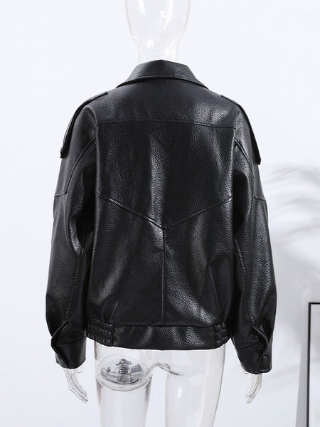 Street Stand Collar Women's Leather Jacket Loose Long Sleeve Zipper Pockets Chic Female Coats 2025 Autumn Winter Lady Outerwear