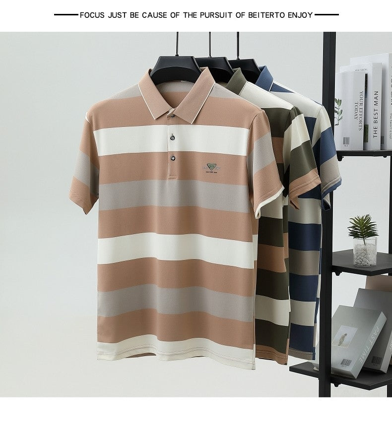 100% pure cotton fashion short sleeve polo shirt men's luxury brand embossed wide stripe color blocked summer casual lapel top