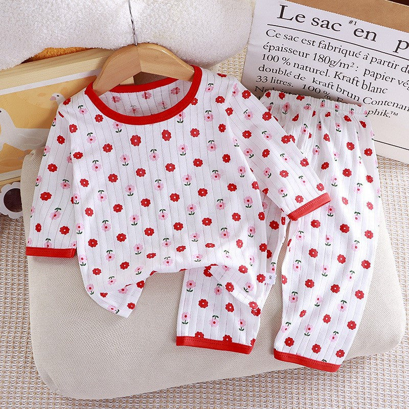 Children's Pure Cotton Home Clothes Set Boys Girls Seven-quarter Sleeve Pajamas Thin Breathable Air-conditioned Clothes