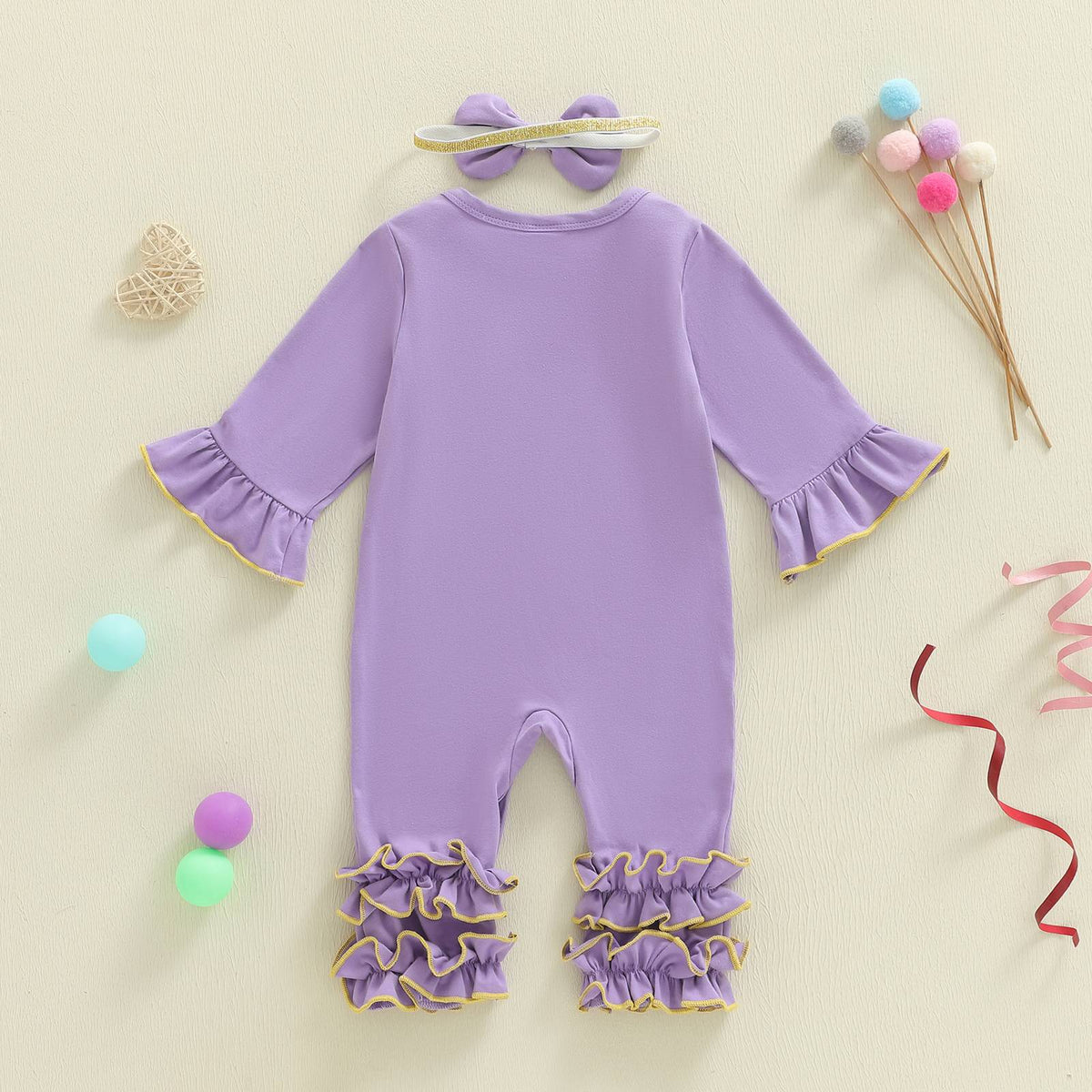 Suefunskry Baby Girl Mardi Gras Themed Romper Letter Crown Embroidery Long Sleeve Round Neck Jumpsuit with Bow Headband
