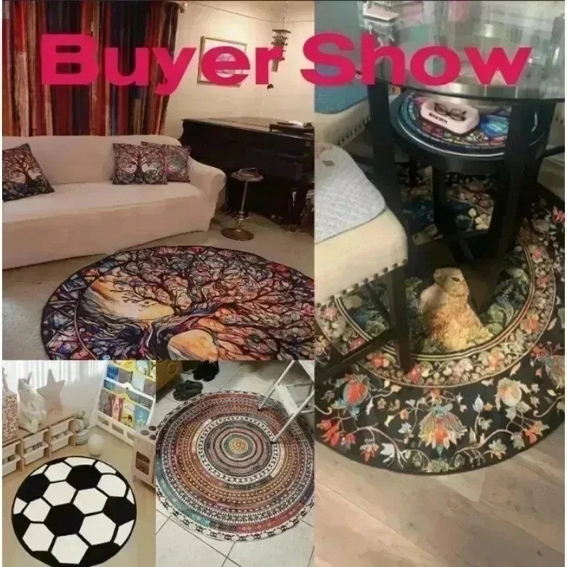 Round Christmas Carpet Festive Area Rug Non-Slip Wear-resistant Circle Carpet for Living Room Bedroom Soft Floor Mat Home Decor