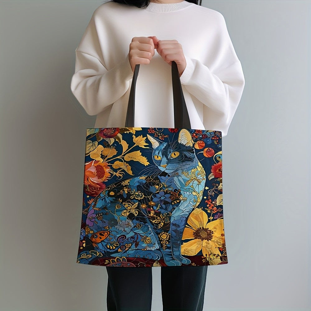 1pc Abstract Cat Tote Bag Cute Quirky Small Animal Shoulder Bag Printed Linen Eco Handbag Shopping Office Reusable Casual Bags