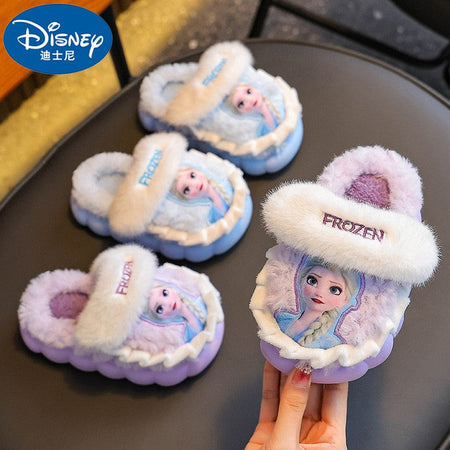 Disney Princess Elsa Winter Children's Cotton Home Slippers Frozen Girl's Snow Non Slip Warm Baby Slippers Pink Blue Size 26-35