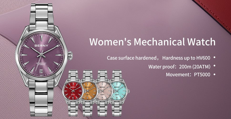 BERNY Automatic Women Watch PT5000 Sapphire Mechanical Elegant Women's Swim Watches 20ATM Full Stainless steel Swim Wristwatch
