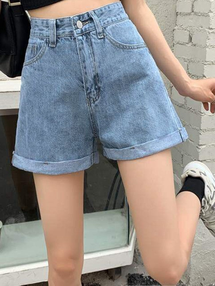 Summer 2024 New Women Rolled Edge Hot Denim Shorts Lady Korean Mini Pants Girls Elastic Blue Black Black Gray A Line Short Jeans