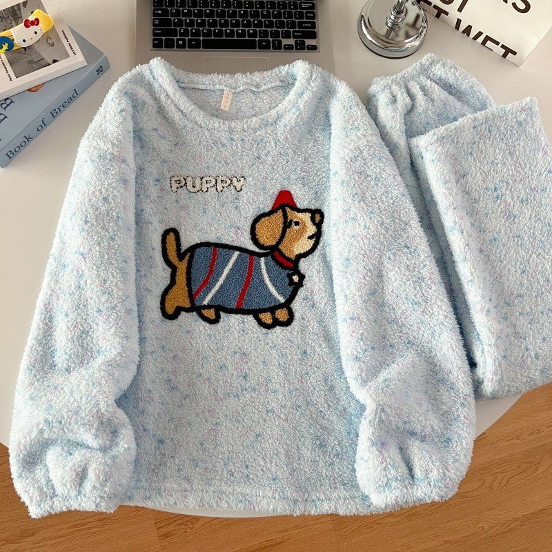 2pcs/Set Pajamas Korean Cute Dog Thickened Warm Fall And Winter Women's Pajamas Long-Sleeved Long Pants Set Sweet New Sleepwear