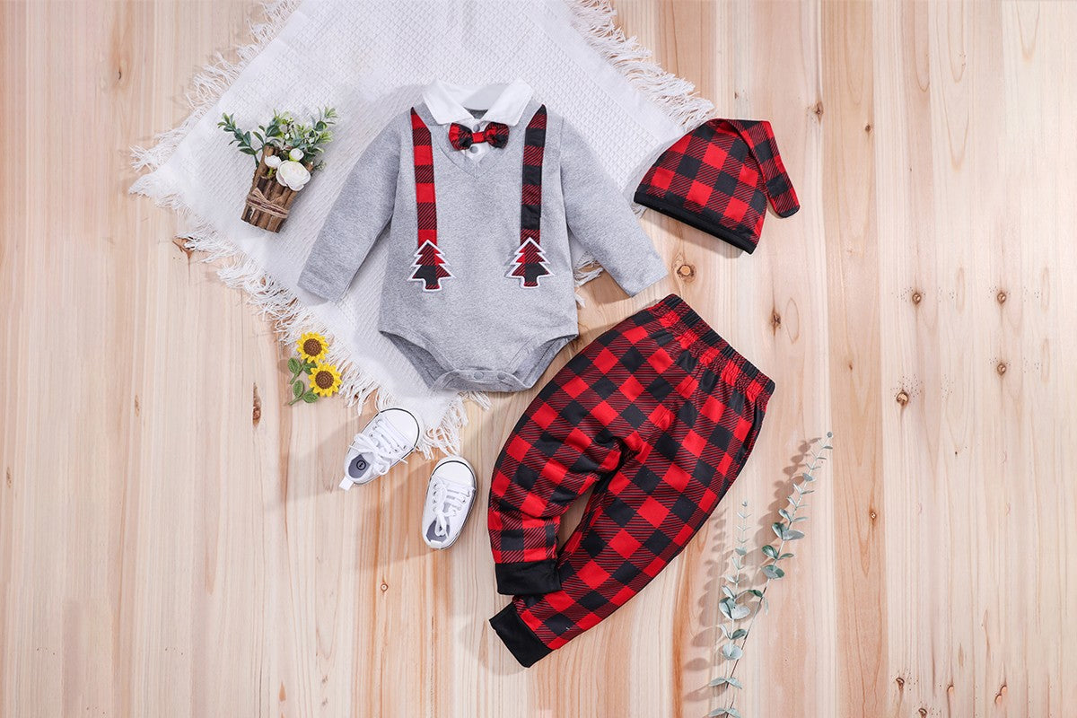 3pcs IURNXB Newborn Baby Boy Girl Clothes Set Christmas Tree Long Sleeve Bodysuit Romper and Pants Hat Fall Winter Outfits 0-18M