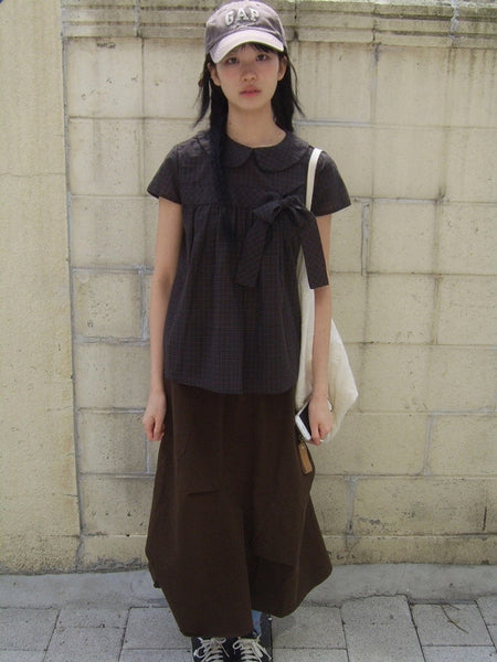 Vintage Plaid Shirts Women Japanese Harajuku Bow Peter Pan Collar Blouses Summer Korean Aesthetic Short Sleeve Casual Tops New