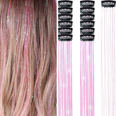 6Pcs 50cm Sparking Shiny Hair Tinsel Hair Extensions Tinsel Synthetic Hair Clip  Extensions Women for Braiding Headdress