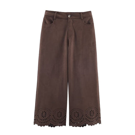 Die-Cut Hem Faux Suede Wide Leg Pants For Women Vintage Brown High Waist With Pockets Casual Loose Trousers