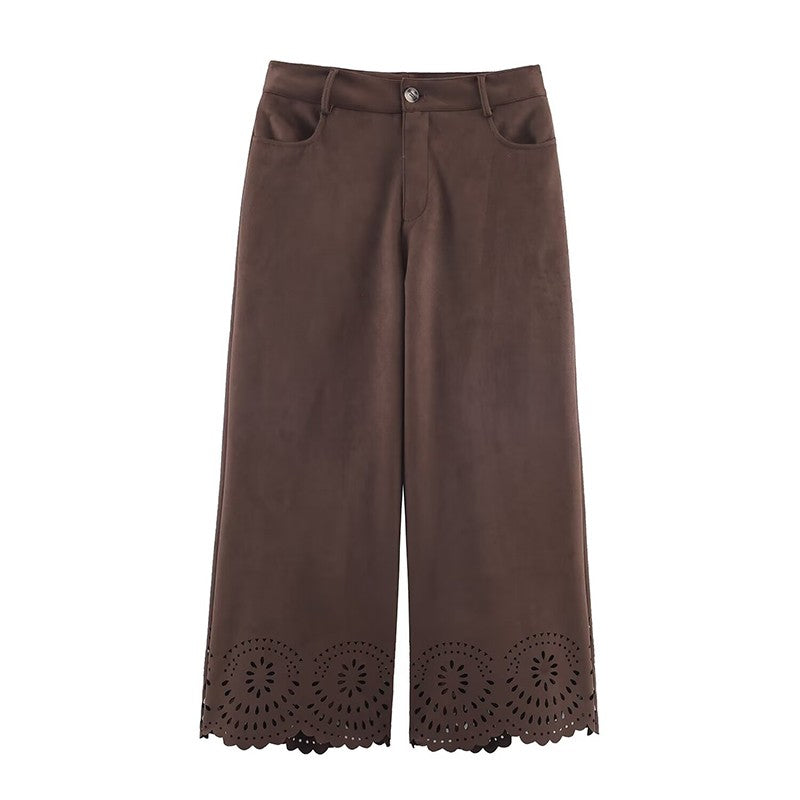 Die-Cut Hem Faux Suede Wide Leg Pants For Women Vintage Brown High Waist With Pockets Casual Loose Trousers