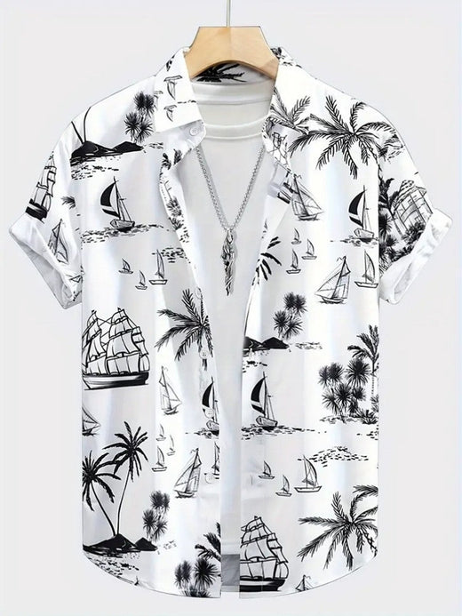 Summer Men's Shirt Coconut Tree 3D Print Casual Short Sleeve Lapel Tops Beach Casual Hawaiian Shirt Men Oversized Shirts For Men