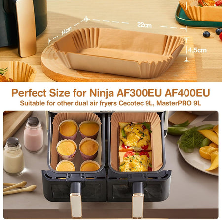 Air Fryer Paper for Dual Zone,100pz 22x14 cm,Disposable Non-stick Paper Air Fryer for Cecotec/Masterpro/Ninja AF300EU/AF400EU