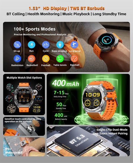 Bluetooth Call IP68 Waterproof 2025 New Upgraded 2-in-1 TWS Bluetooth Earphones Smart Watch For Men and Women Sports Smartwatch